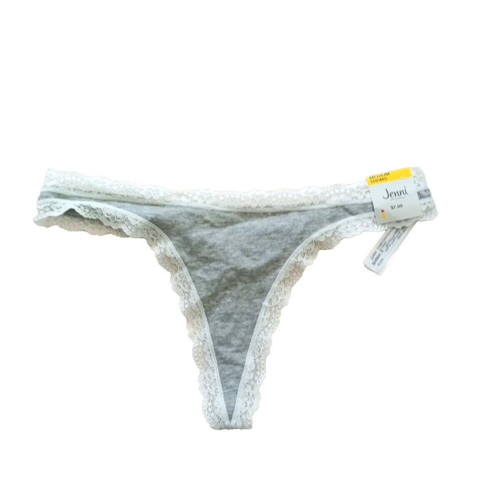 NWT JENNI Thong SIZE M Solid Gray w/ Lace Trim Cotton Blend